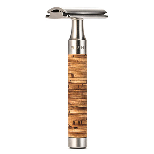 Aparat de ras clasic Safety Razor cu piaptan inchis si maner din otel si scoarta de mesteacan Muehle Rocca R95