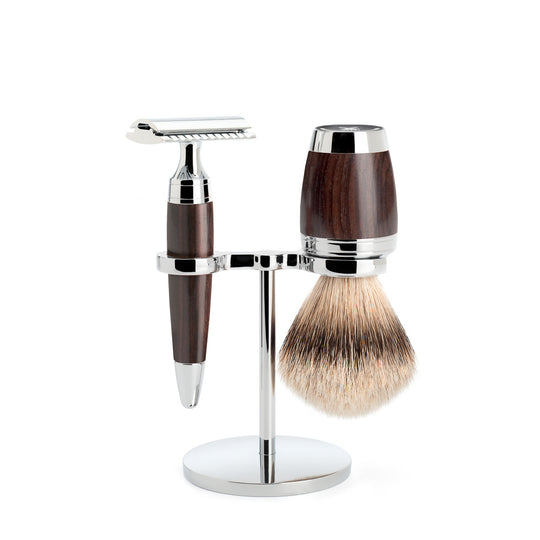 Set de barbierit cu aparat de ras clasic si pamatuf Silvertip Badger cu par de bursuc si maner din lemn african blackwood S 091 H 75 SR