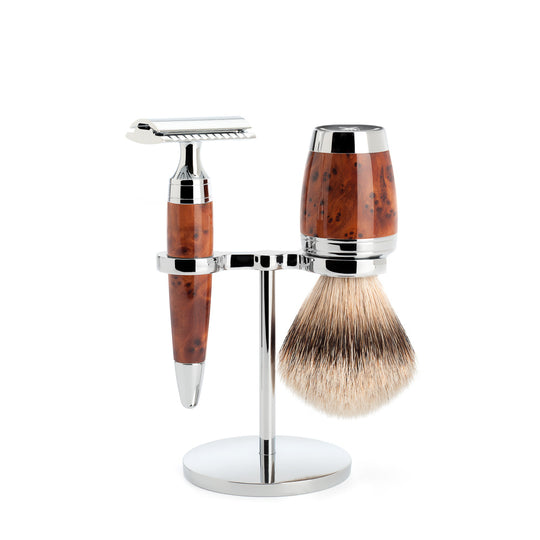 Set de barbierit cu aparat de ras clasic si pamatuf Silvertip Badger cu par de bursuc si maner din lemn de thuia S 091 H 71 SR
