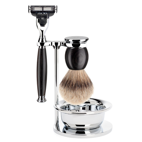 Set de barbierit cu aparat de ras compatibil Mach 3 si pamatuf Silvertip Badger cu par de bursuc si maner din lemn african blackwood S 93 H 85 S