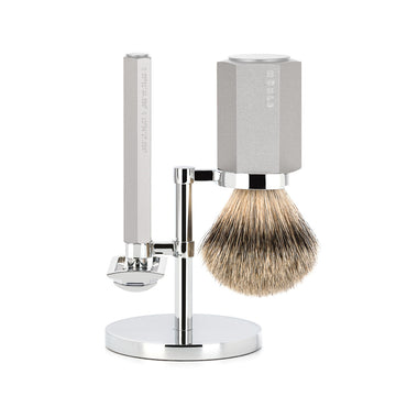 Set barbierit cu aparat de ras clasic si pamatuf Silvertip Badger cu par de bursuc Muehle Hexagon S 091 M HXG PURE