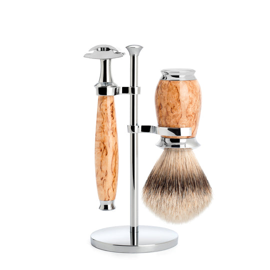 Set de barbierit cu aparat de ras clasic si pamatuf din par de bursuc cu maner din lemn de mesteacan karelian S 091 H 55 SR