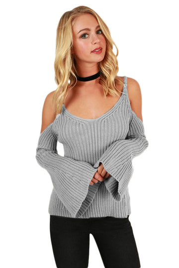 Pulover cu aspect reiat umerii goi si maneci lungi tip clopot BL994-18