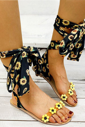 Sandale cu bretele din material floral si prindere prin legare CH31-192