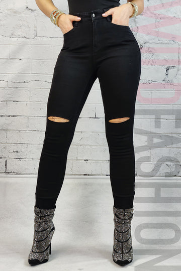 Blugi skinny cu talie inalta si taieturi la nivelul genunchilor CL699RR-1