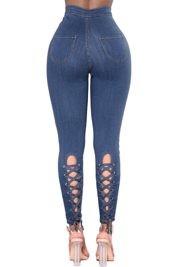 Jeans albastri, cu talie inalta, din bumbac, cu model in zig zag CL710-444
