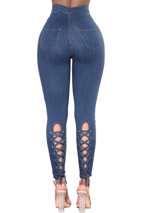Jeans albastri, cu talie inalta, din bumbac, cu model in zig zag CL710-444