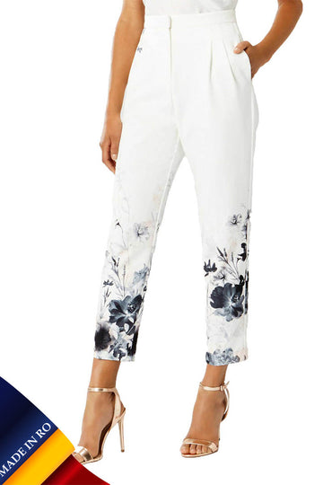 CL735-2 Pantaloni albi cu print, stil cropped si buzunare in fata