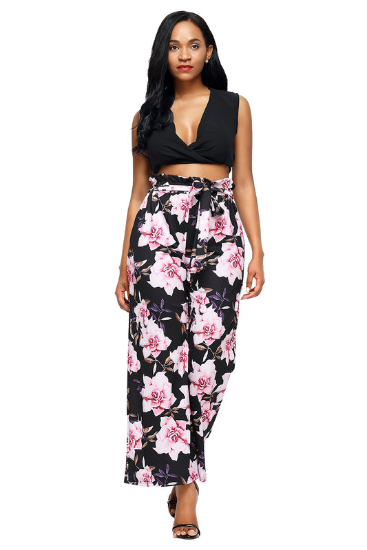 Pantaloni din satin cu talie inalta si imprimeu floral CL783-151