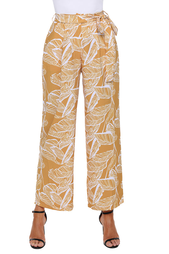 Pantaloni eleganti cu talie inalta si imprimeu frunze CL784-991