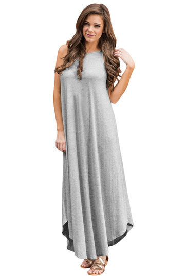 Rochie gri deschis stil maxi fara maneci model asimetric D612-182