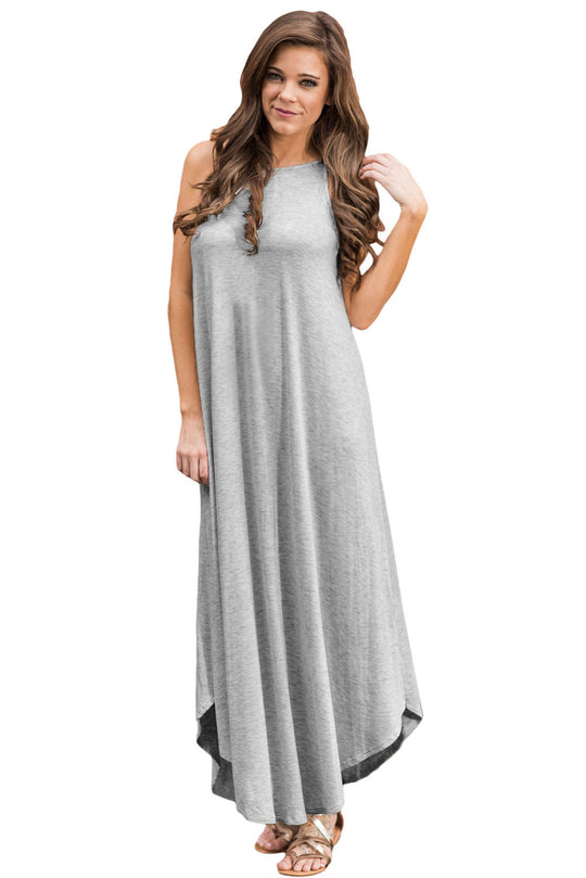 Rochie gri deschis stil maxi fara maneci model asimetric D612-182