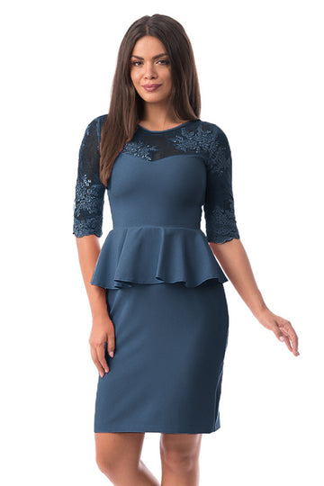 Rochie scurta cu peplum in talie si dantela florala D661-44