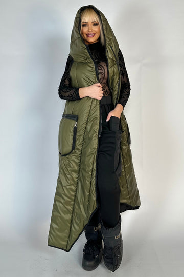 Vesta lunga, asimetric de fas, stil vagabond, culoare verde army D832RR-120