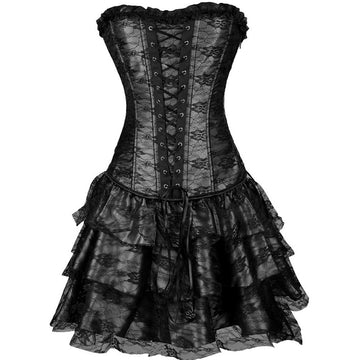 Set 3 piese corset elegant cu plasa florala si fusta D87-1
