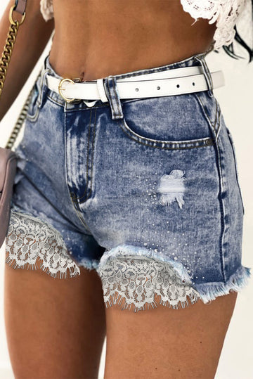 Pantaloni scurti de blugi cu dantela si strasuri E1063-444