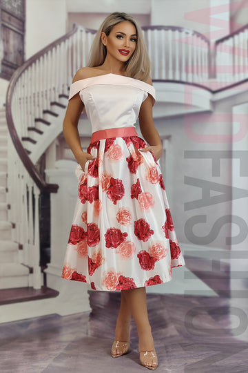 Rochie midi cu imprimeu floral si umerii goi G651RR-535