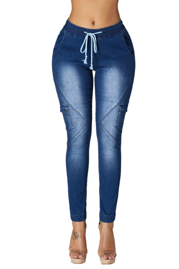 Blugi cu talie inalta din denim elastic G656-444