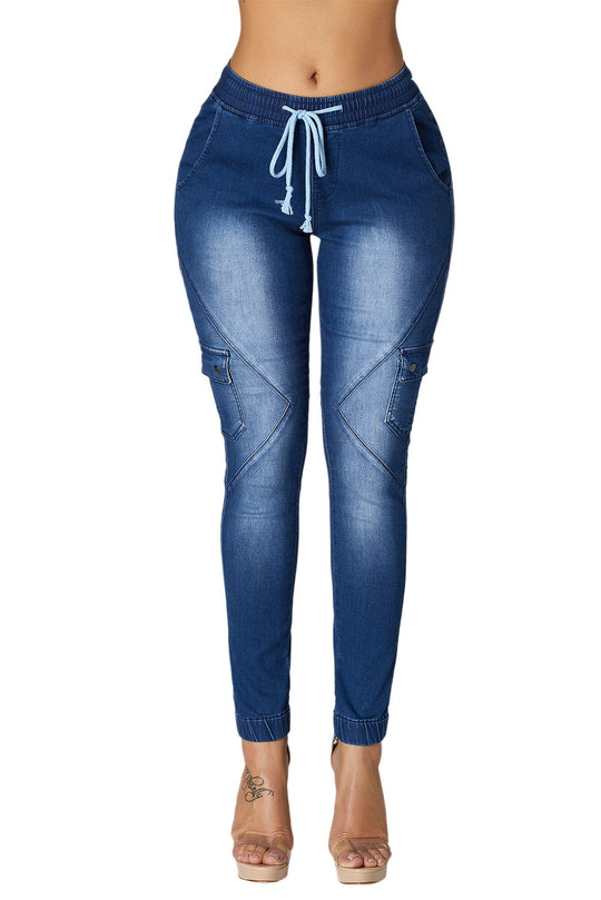 Blugi cu talie inalta din denim elastic G656-444