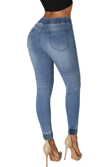 Pantaloni din denim cu talie pe elastic si taieturi G681-411