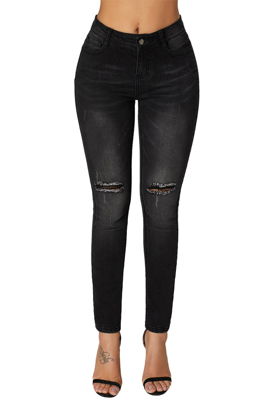 Blugi skinny cu talie inalta, model destroyed G683-1