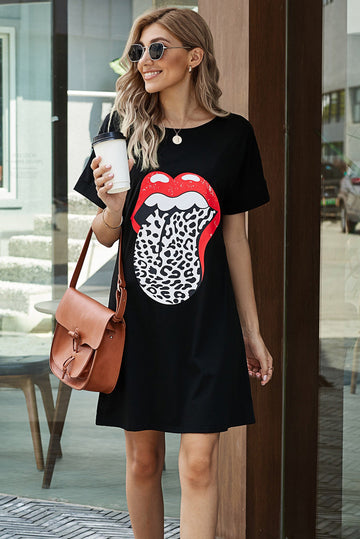 Rochie casual tip tricou cu print imprimeu gura G753-1