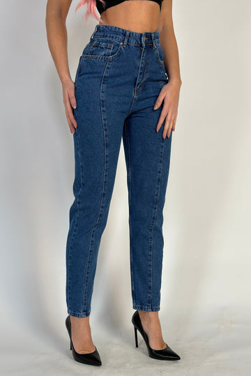 Blugi casual cu talie inalta din denim albastru, model larg (gogosar) G846-4