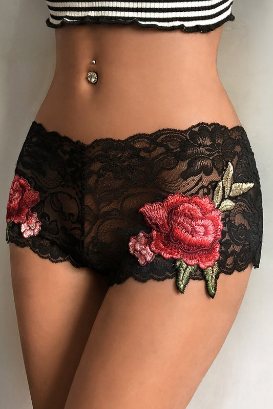 Boxeri sexy din dantela florala si trandafir din broderie in relief GS605-1
