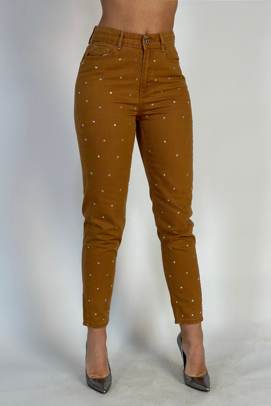 Blugi casual cu talie inalta accesorizat cu strasuri H766-8