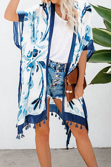 J755-441 Kimono cu print abstract si ciucurei in partea inferioara