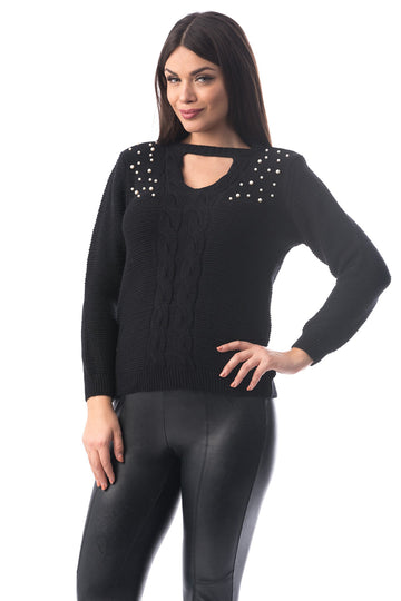 Pulover tricotat cu choker si perle sidefate J954-1