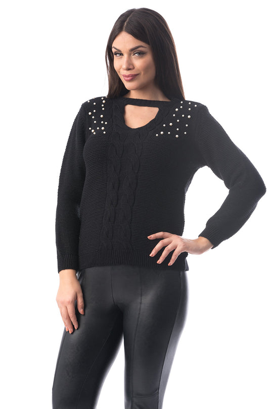 Pulover tricotat cu choker si perle sidefate J954-1