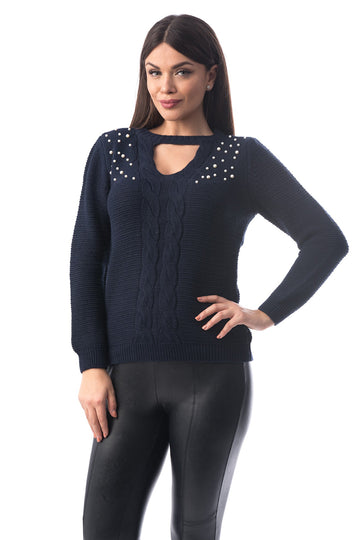 Pulover tricotat cu choker si perle sidefate J954-44