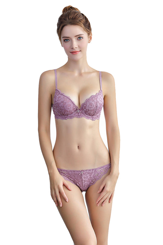 Set sutien si chilot din dantela lila accesorizati cu mici volanase K611-112