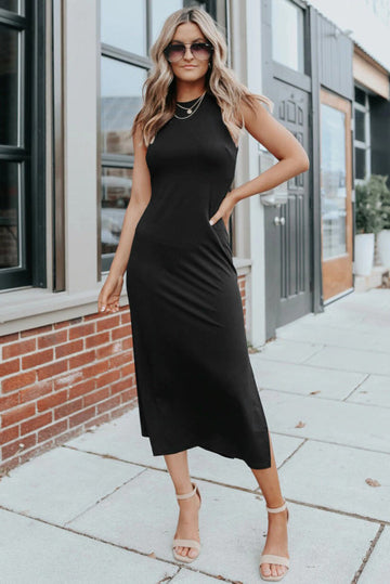 Rochie neagra casual fara maneci si crapaturi pe laterale K812-1