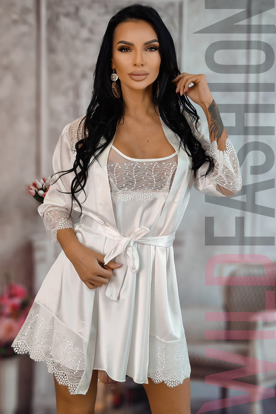 Set 2 piese lenjerie sexy din desu si halat scurt cu material satinat si dantela K827-2