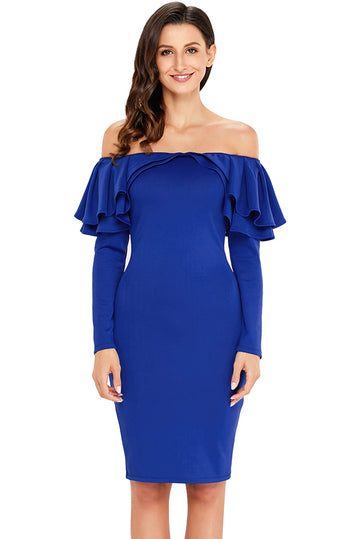 Rochie albastra de cocktail cu umerii goi maneci lungi si volanase L543-4