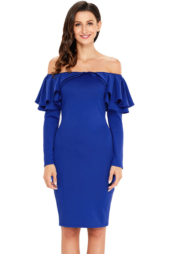 Rochie albastra de cocktail cu umerii goi maneci lungi si volanase L543-4