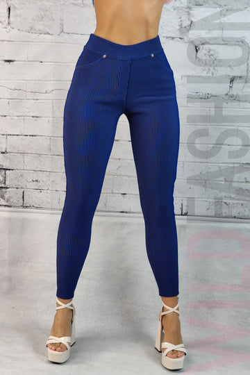 Pantaloni casual cu talie inalta tip colanti din material reiat elastic L882-44