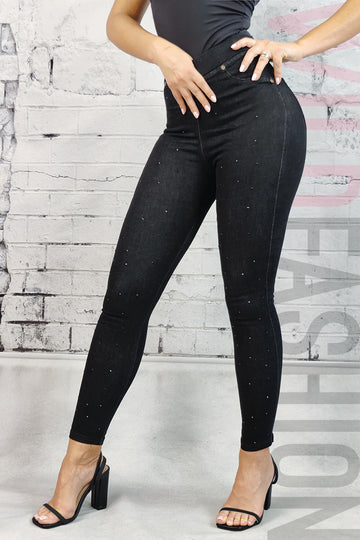 Blugi tip colanti din denim elastic cu strasuri negre L889RR-1