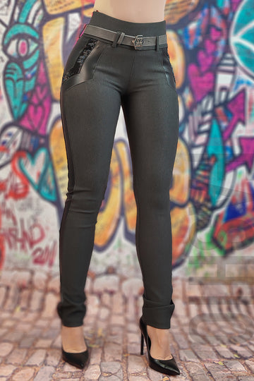 Pantaloni eleganti cu strasuri si imitatie piele L907-181