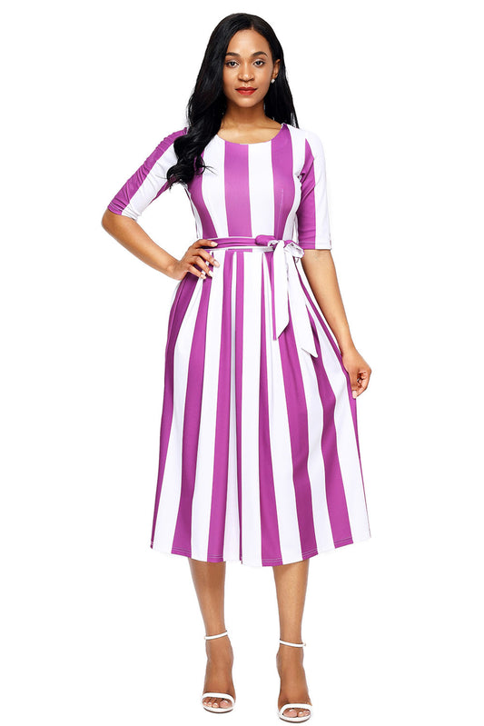 Rochie de zi vintage cu dungi verticale si cordon in talie M590-10
