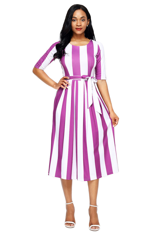 Rochie de zi vintage cu dungi verticale si cordon in talie M590-10