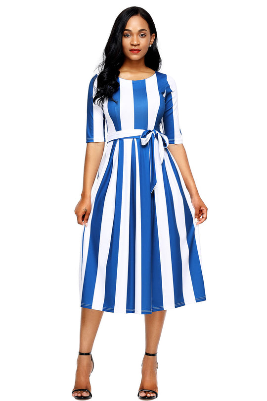 Rochie de zi vintage cu dungi verticale si cordon in talie M590-4