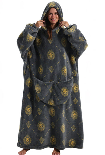 Rochie lunga, pufoasa de casa cu imprimeu cap de leu si gluga atasata, PJM262-4499