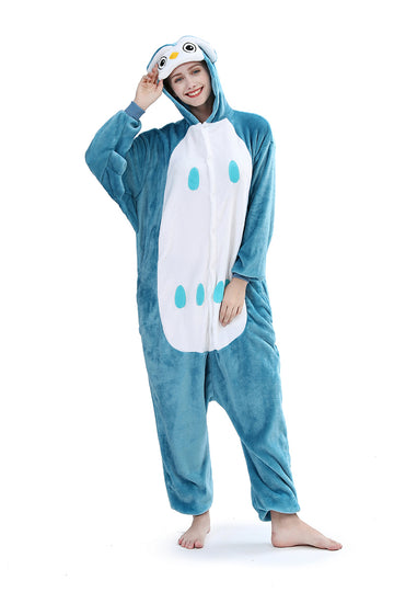 Pijama tip salopeta kigurumi din material pufos cu model bufnita PJM30-48