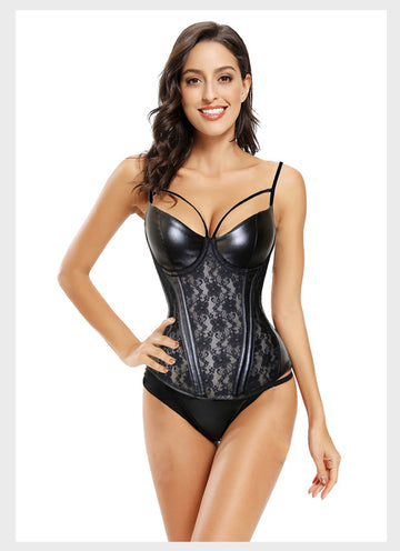 Corset dama din vinil elastic cu dantela florala si bustul buretat S360-1