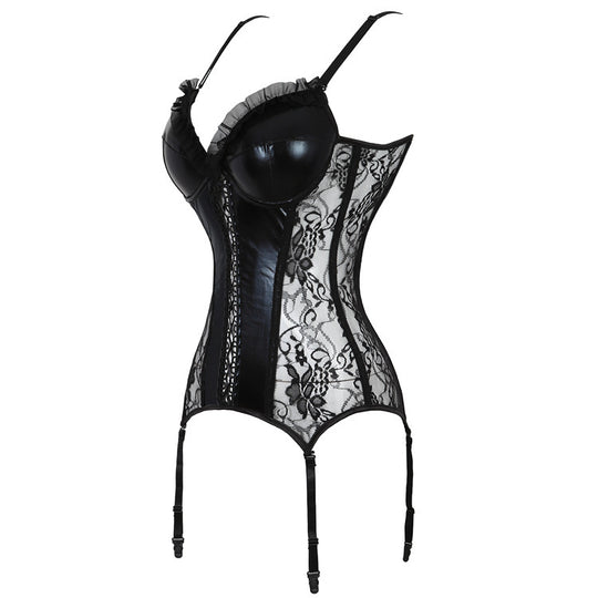Corset din vinil cu dantela si cupe cu burete si push-up S363-1