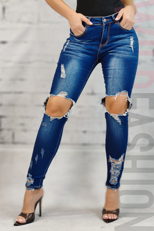 Blugi skinny cu aspect Destroyed S687RR-444