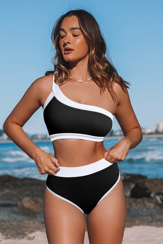 Costum de baie in 2 piese model pe un umar si chilot cu talie inalta SW2436-1122